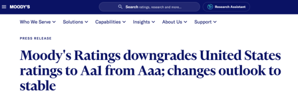 老虎配资 穆迪：已将美国主权信用评级下调至AA1